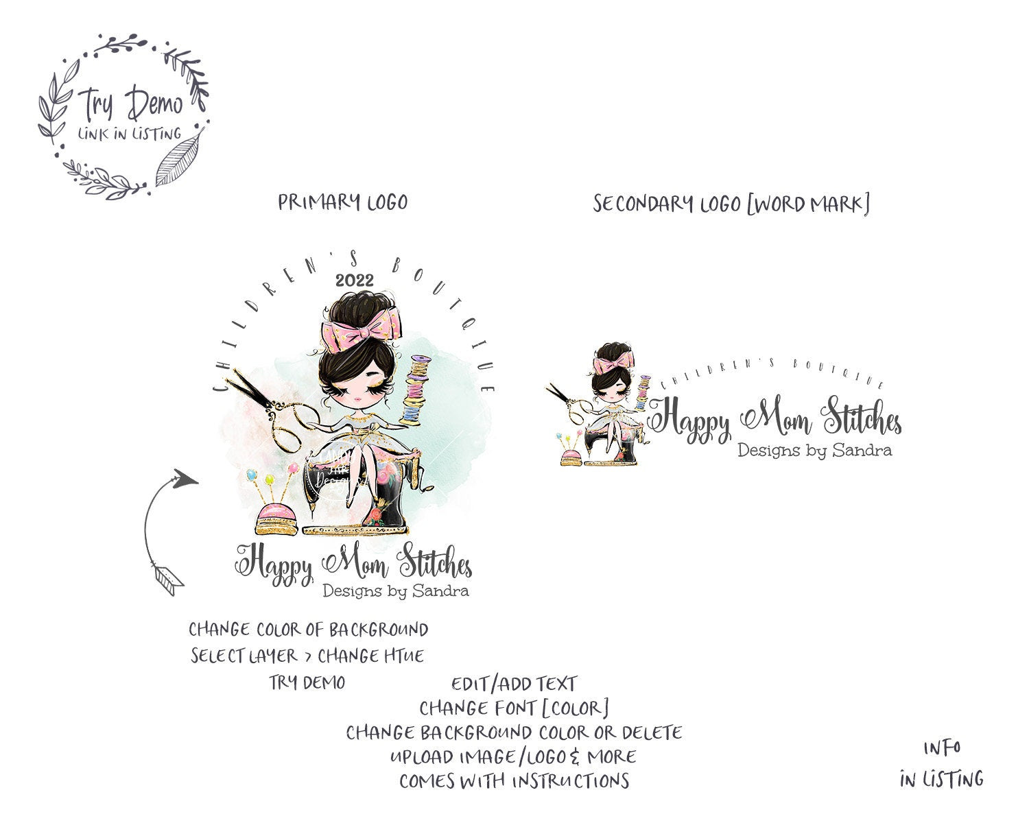 Sewing Machine Logo, Seamstress Girl, Black Hair, Fair Skin - Candy Jar Studios