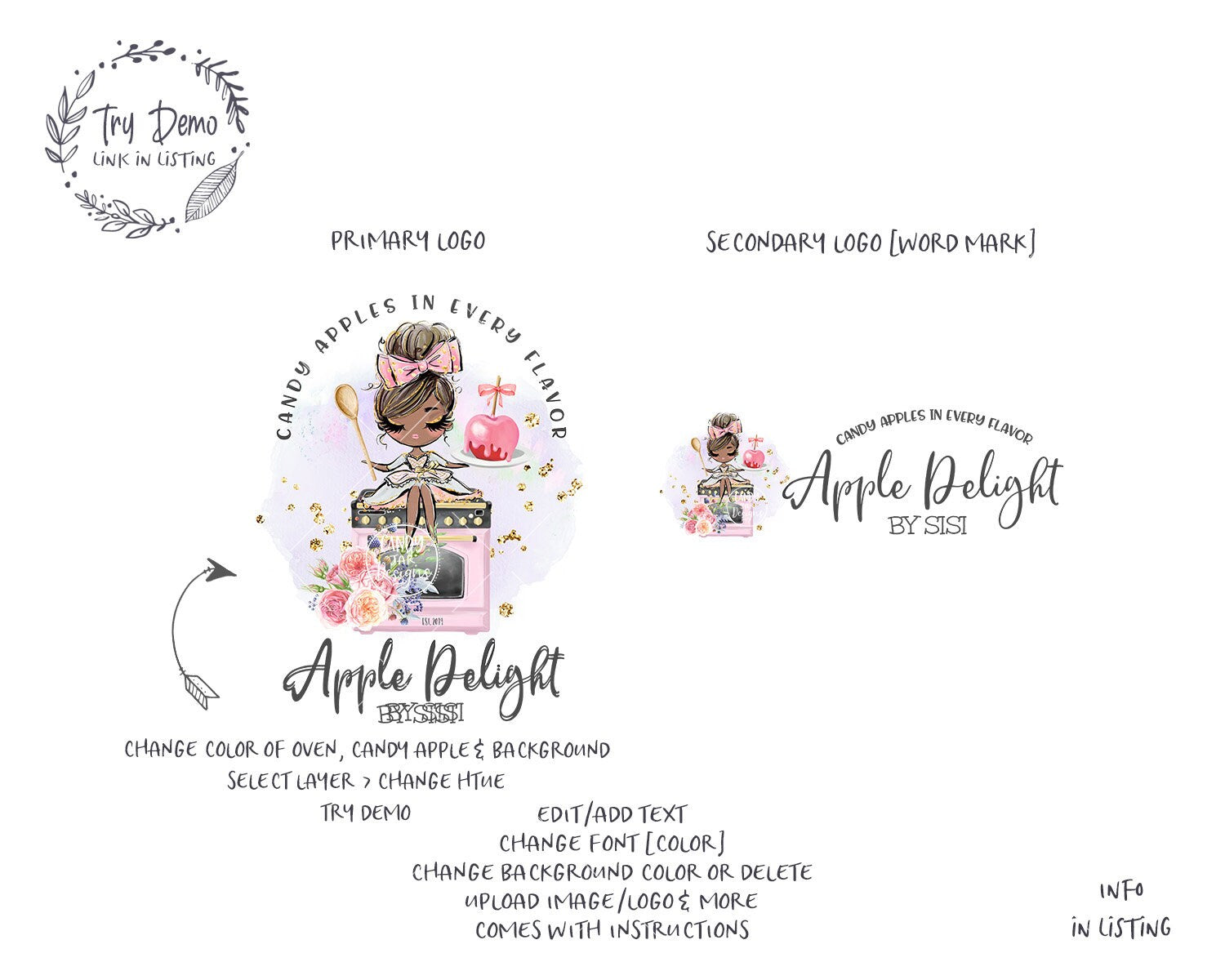 Candy Apple Bakery Logo, Sweets Bakery, Brown Hair, Dark Skin - Candy Jar Studios