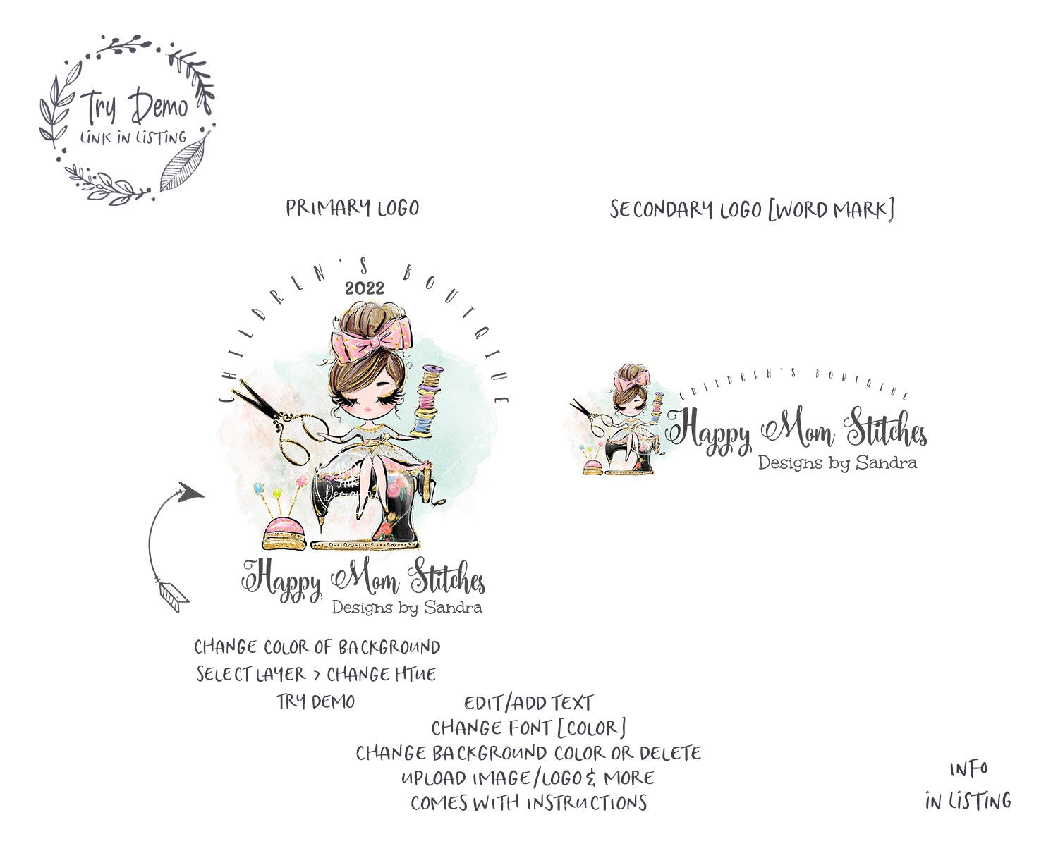 Sewing Machine Logo, Seamstress Girl, Brown Hair, Fair Skin - Candy Jar Studios