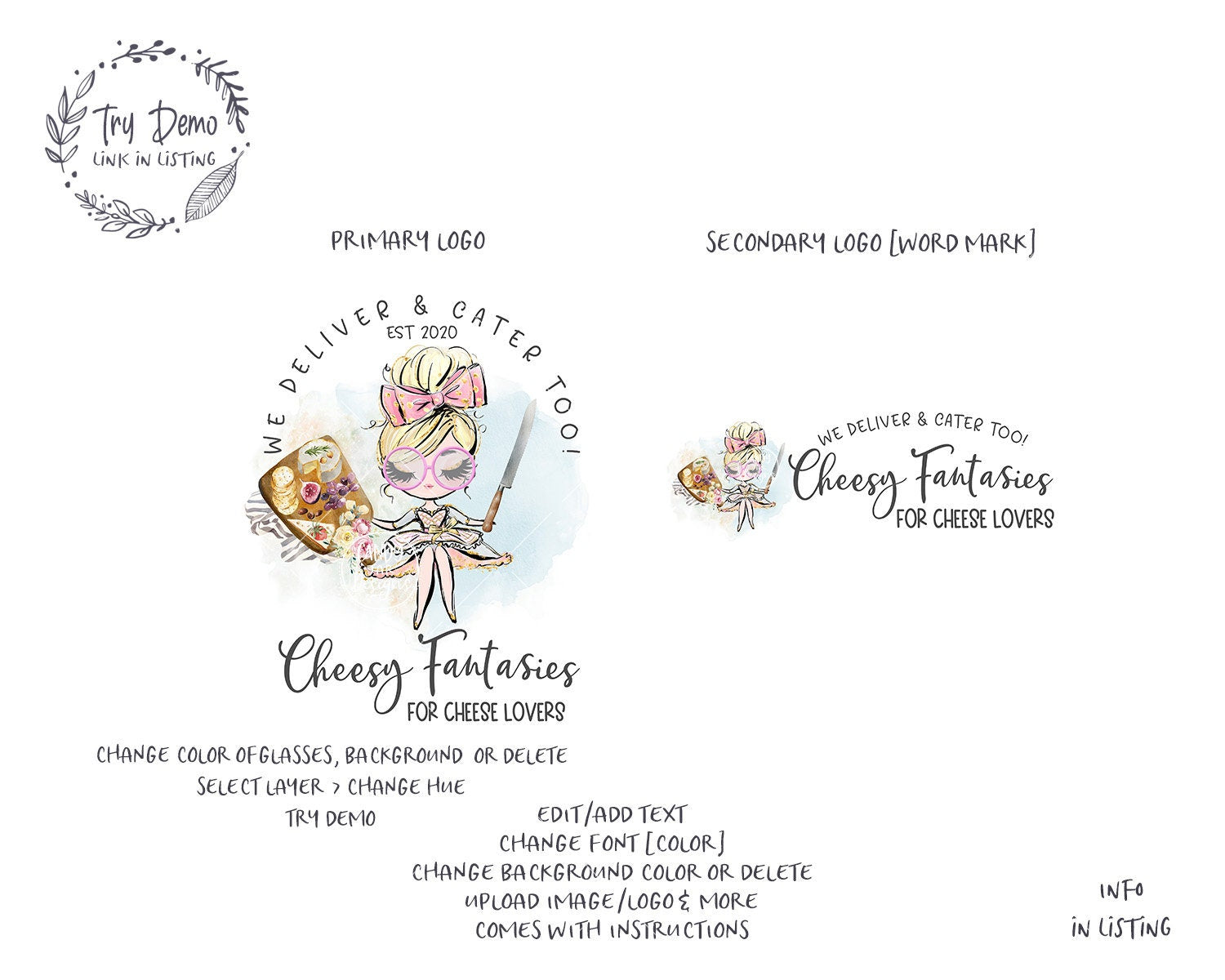 Cheese Board Logo, Charcuterie Catering Logo, Blond Hair, Fair Skin - Candy Jar Studios