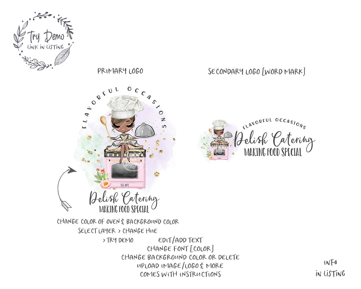Catering Logo, Kitchen Stove Logo, Brown Hair, Dark Skin - Candy Jar Studios