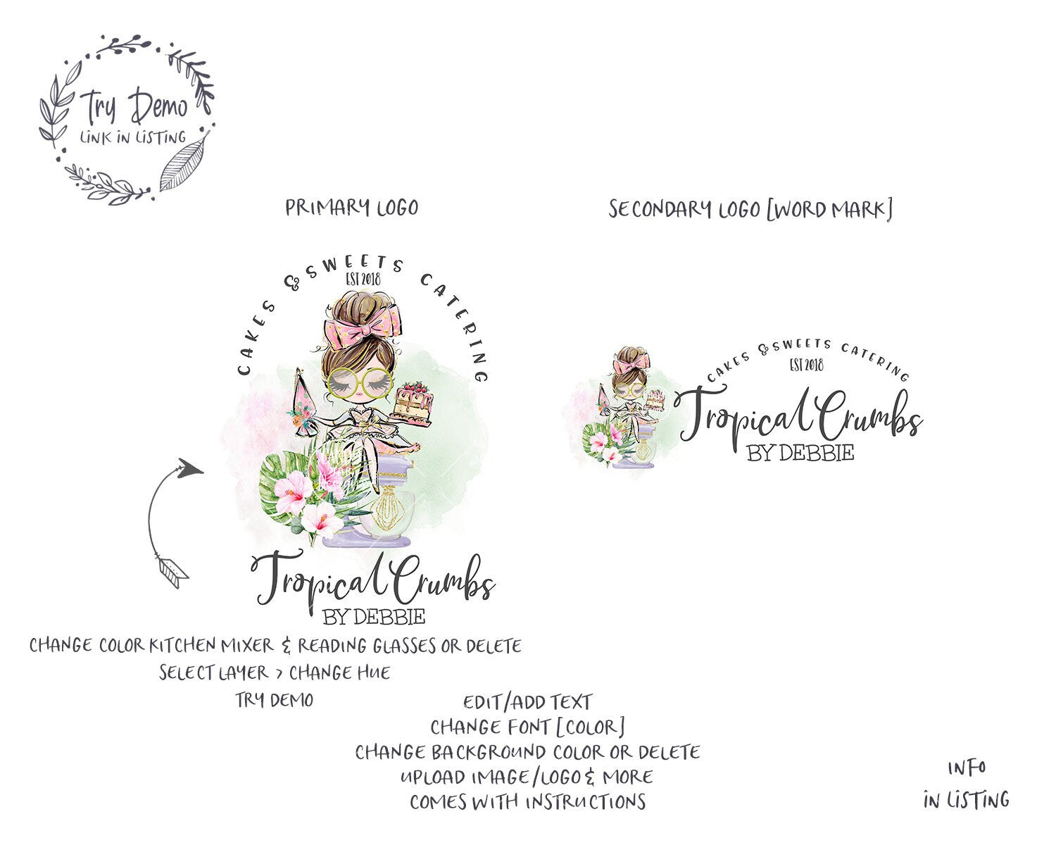Tropical Bakery Logo, Baking Girl, Brown Hair, Fair Skin - Candy Jar Studios